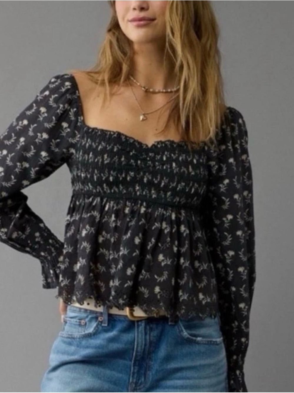 American Eagle Outfitters Black Floral Smocked Square-Neck Blouse